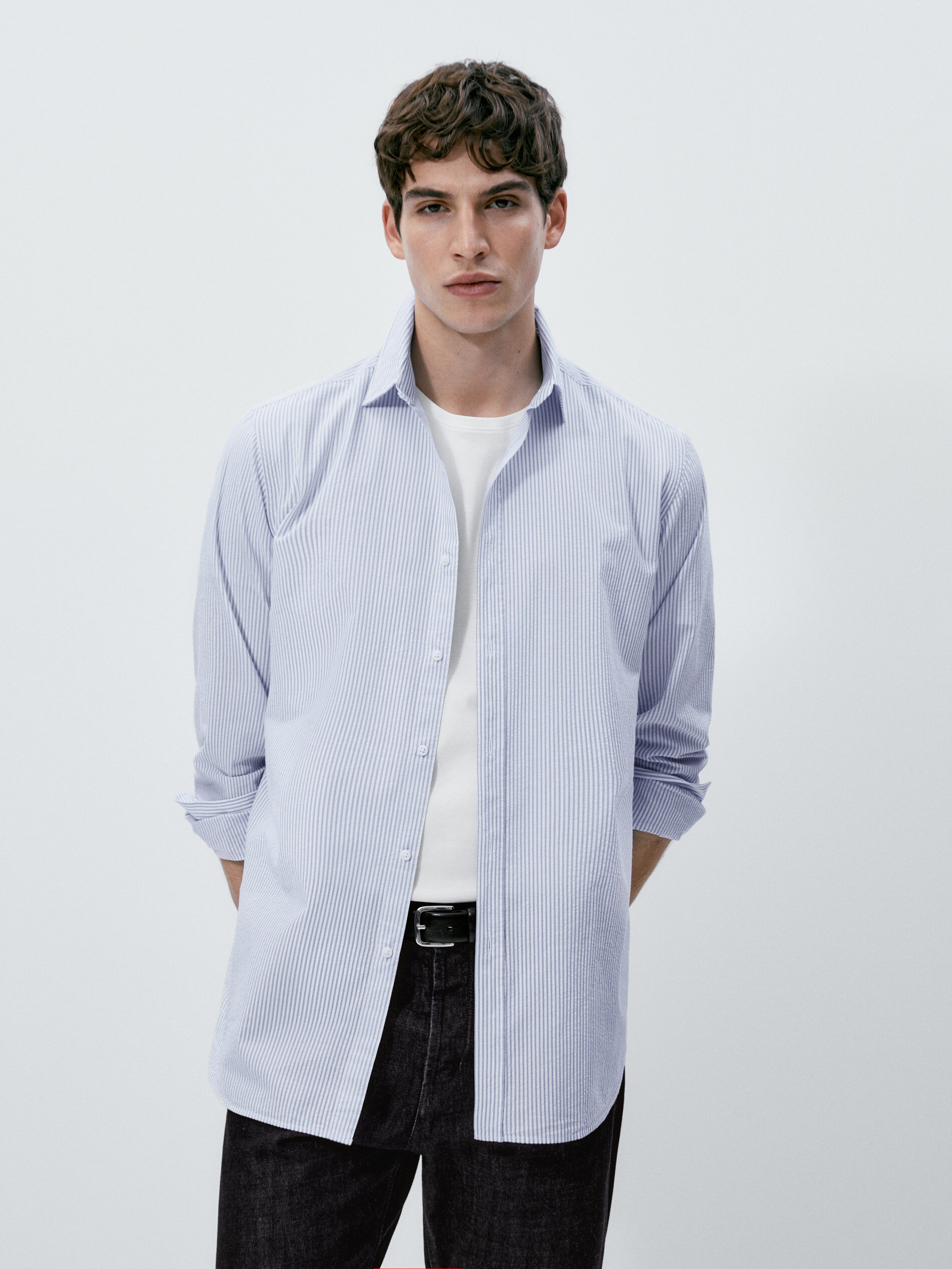 Camisa Rayas de corte regular em tecido seersucker - AZUL CLARO