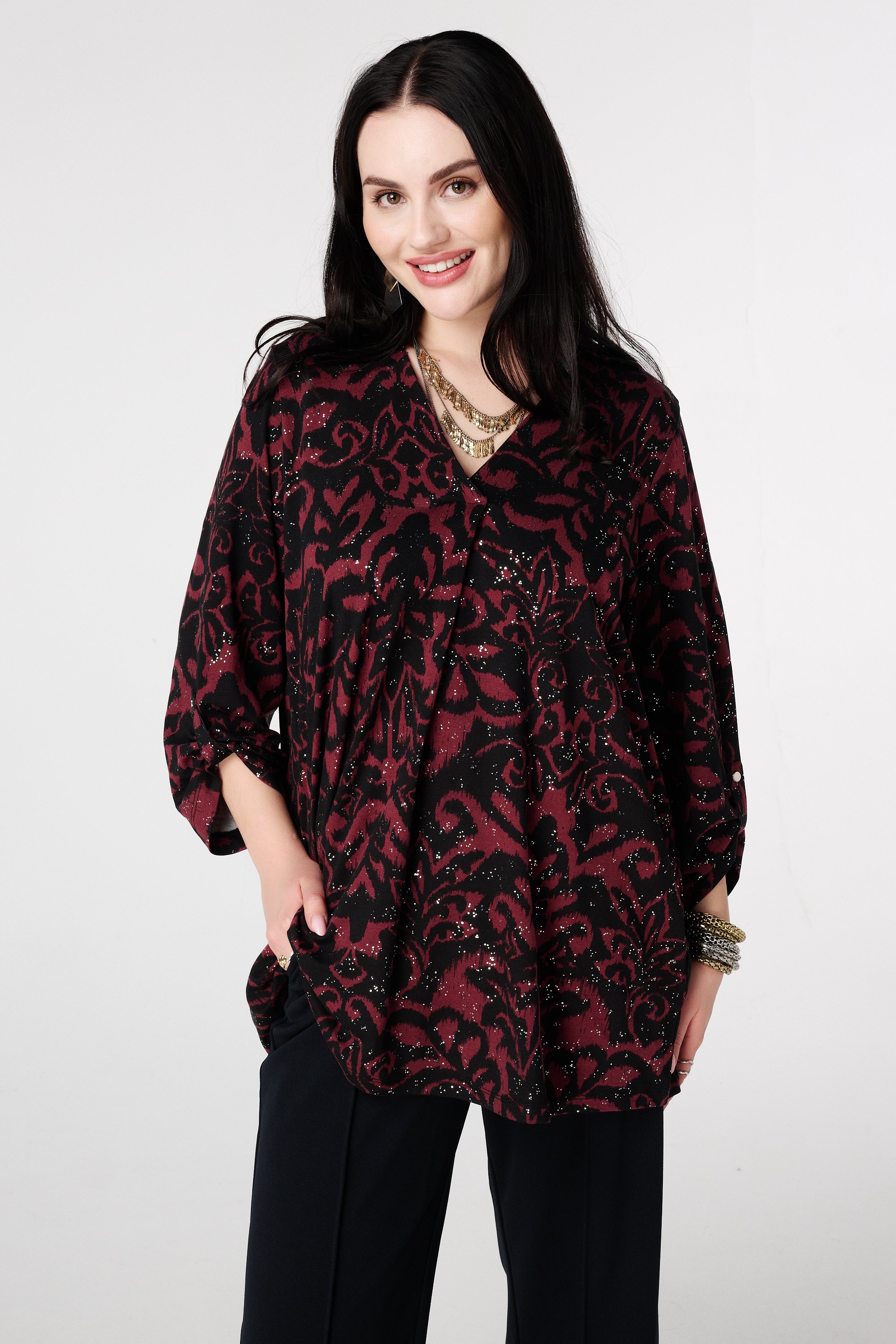 Top met stretch en foil print Multi Red