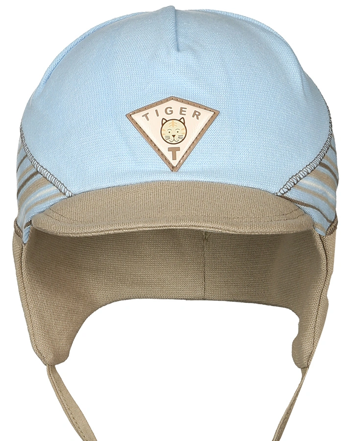 Binde-Mütze TIGER mit Schirm gestreift in hellblau/beige