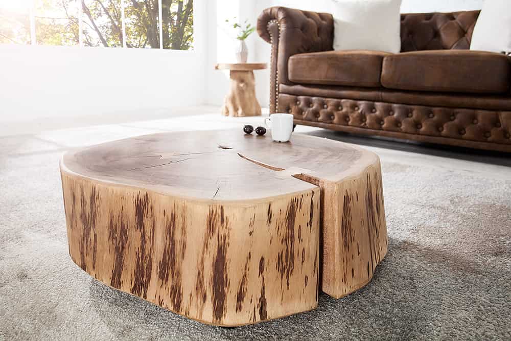 Baumstamm Couchtisch GOA 60cm natur Akazie Massivholz rund mit Rollen Unikat