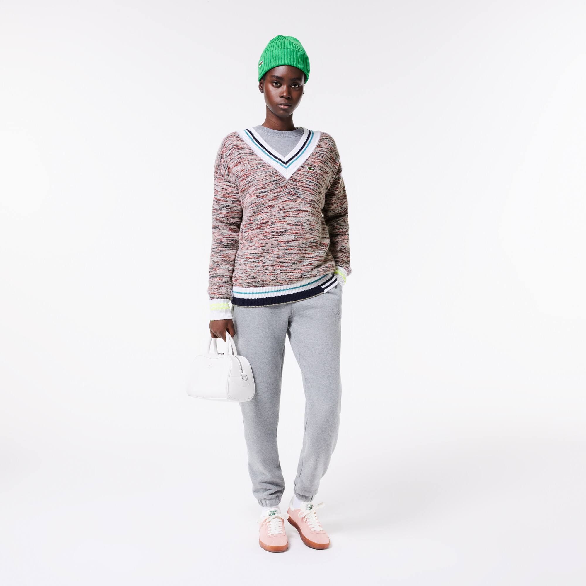 Alpaka-Pullover mit V-Ausschnitt und Kontraststreifen Pullover - Weiss - Lacoste - Damen
