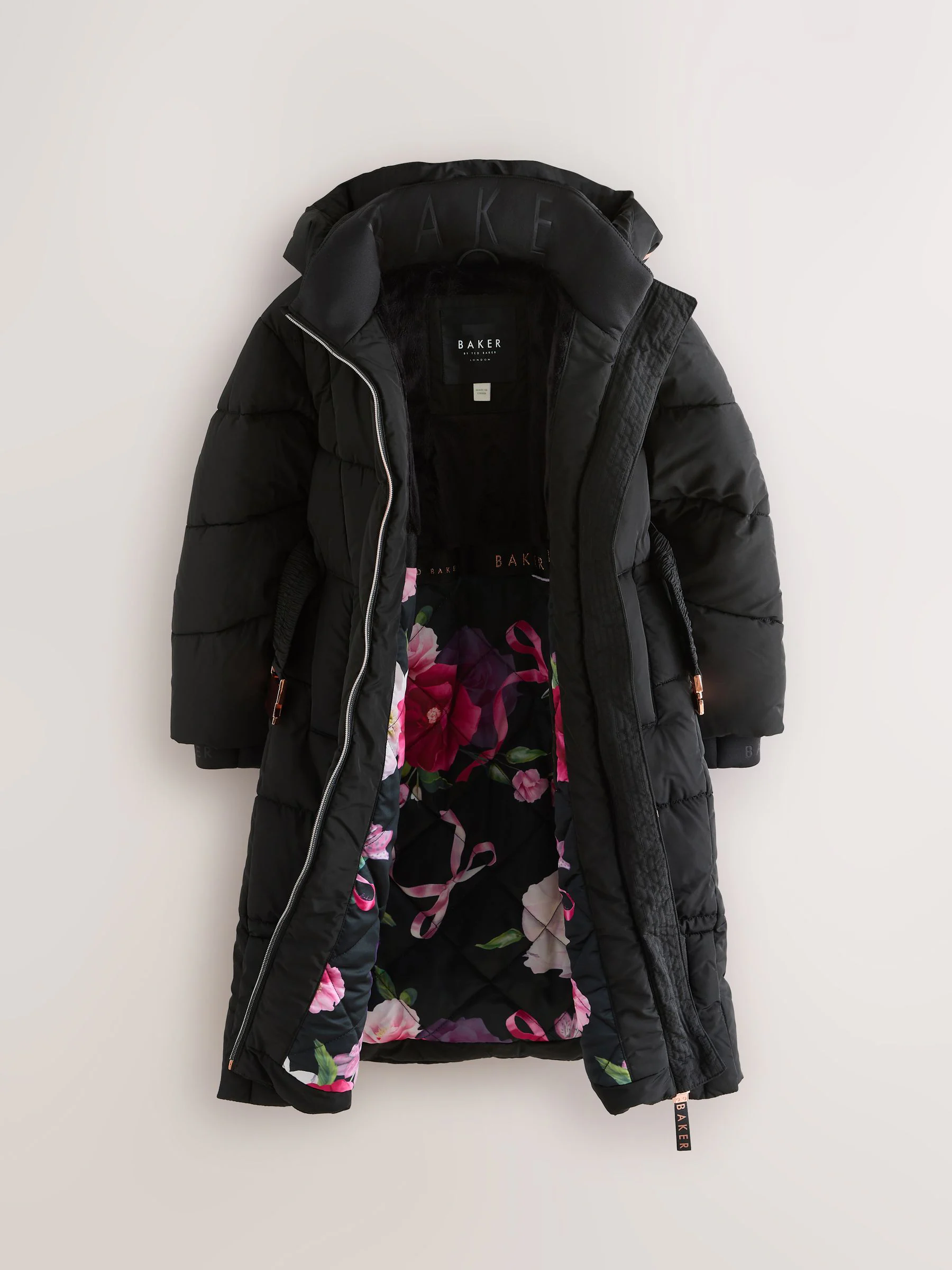 Zwart - Baker by Ted Baker Regenbestendige gewatteerde lange jas met strik op de rug en ceintuur
