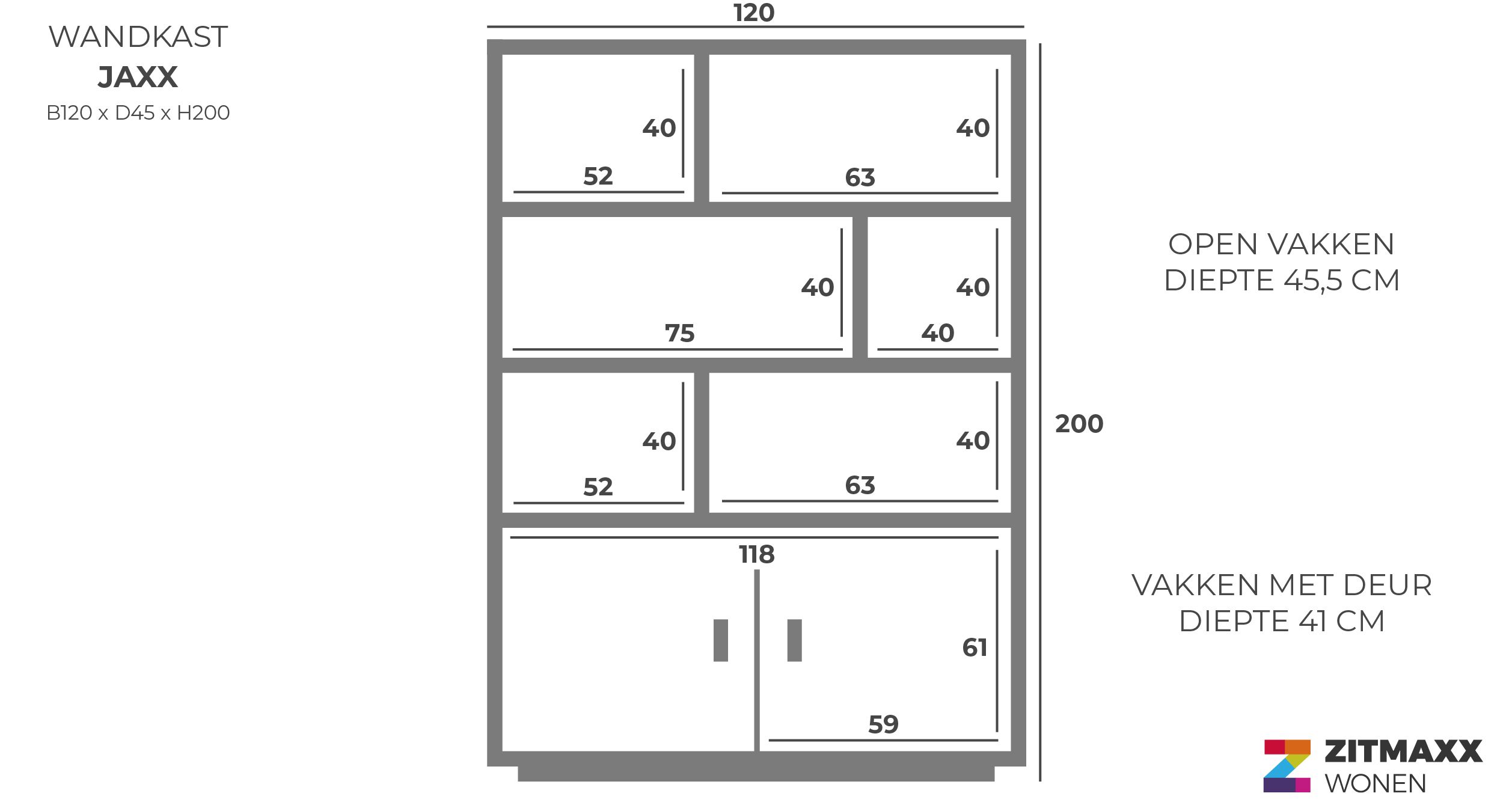 Bergkast Jaxx B120 x D45 x H200 cm