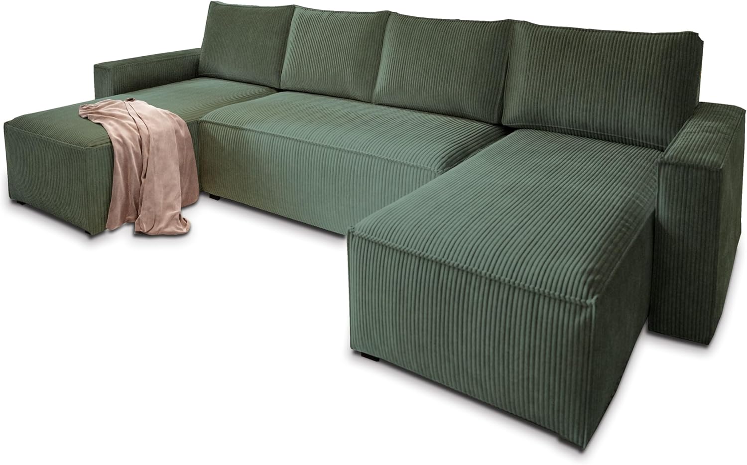 Masseno Ecksofa ASPRA mit Schlaffunktion U-Form, Sofa mit Bettkasten, Wohnzimmersofa, Couch, Soffa, Bettsofa, Couchgarnitur- Grün, POSO 14