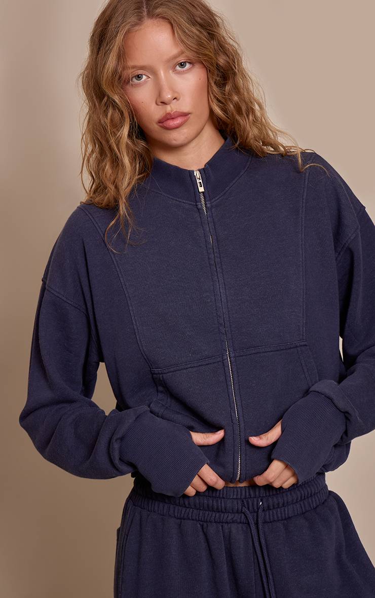 Bleu Marine Sweat-shirt À Col Montant Zippé Effet Délavé Acide