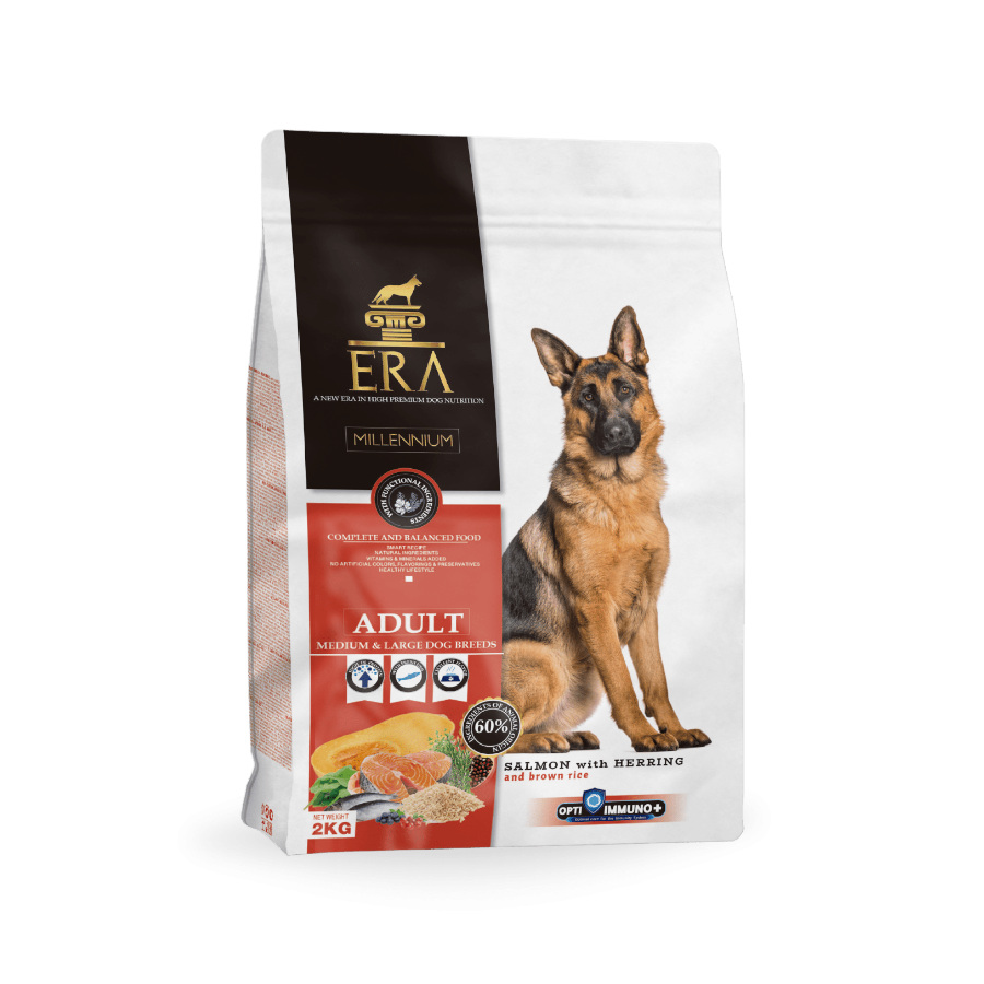 Ração Era Adult para cães de porte médio e grande, sabor salmão e arenque.