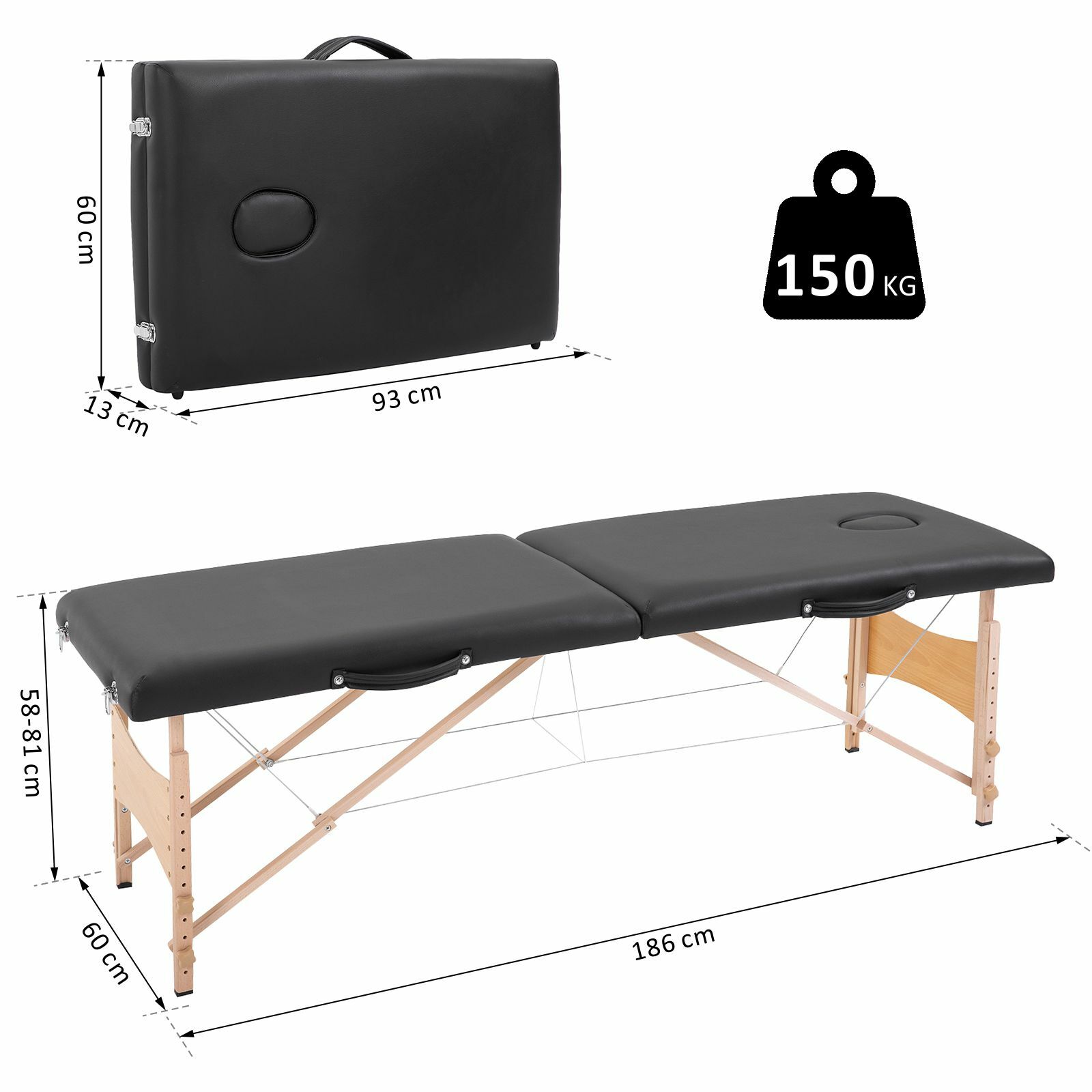 HOMCOM Mobiler Massagetisch schwarz 186 x 60 x 58-81 cm