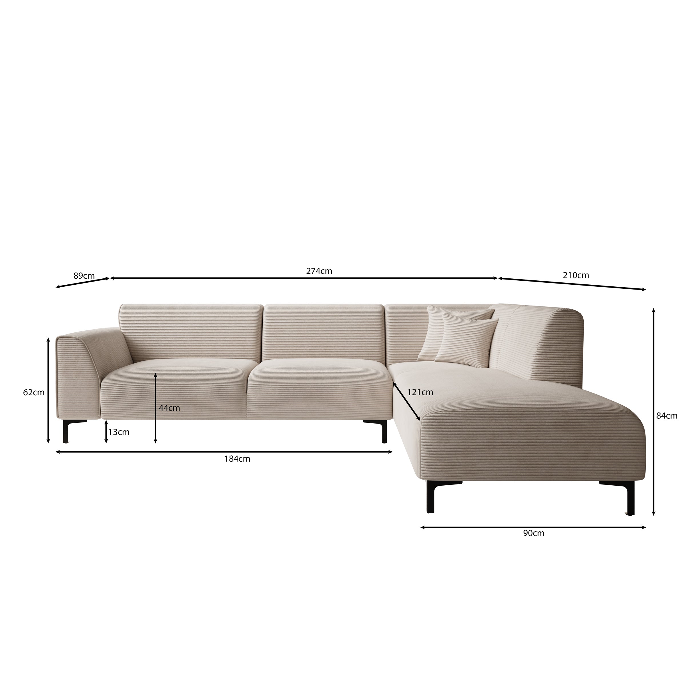 Moana - Hoekbank 4-zits met chaise longue - Ribstof beige - Rechts
