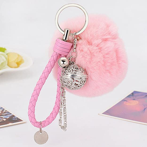 Pompom Schlüsselanhänger Handtaschen Accessoire - Rosa / Silber