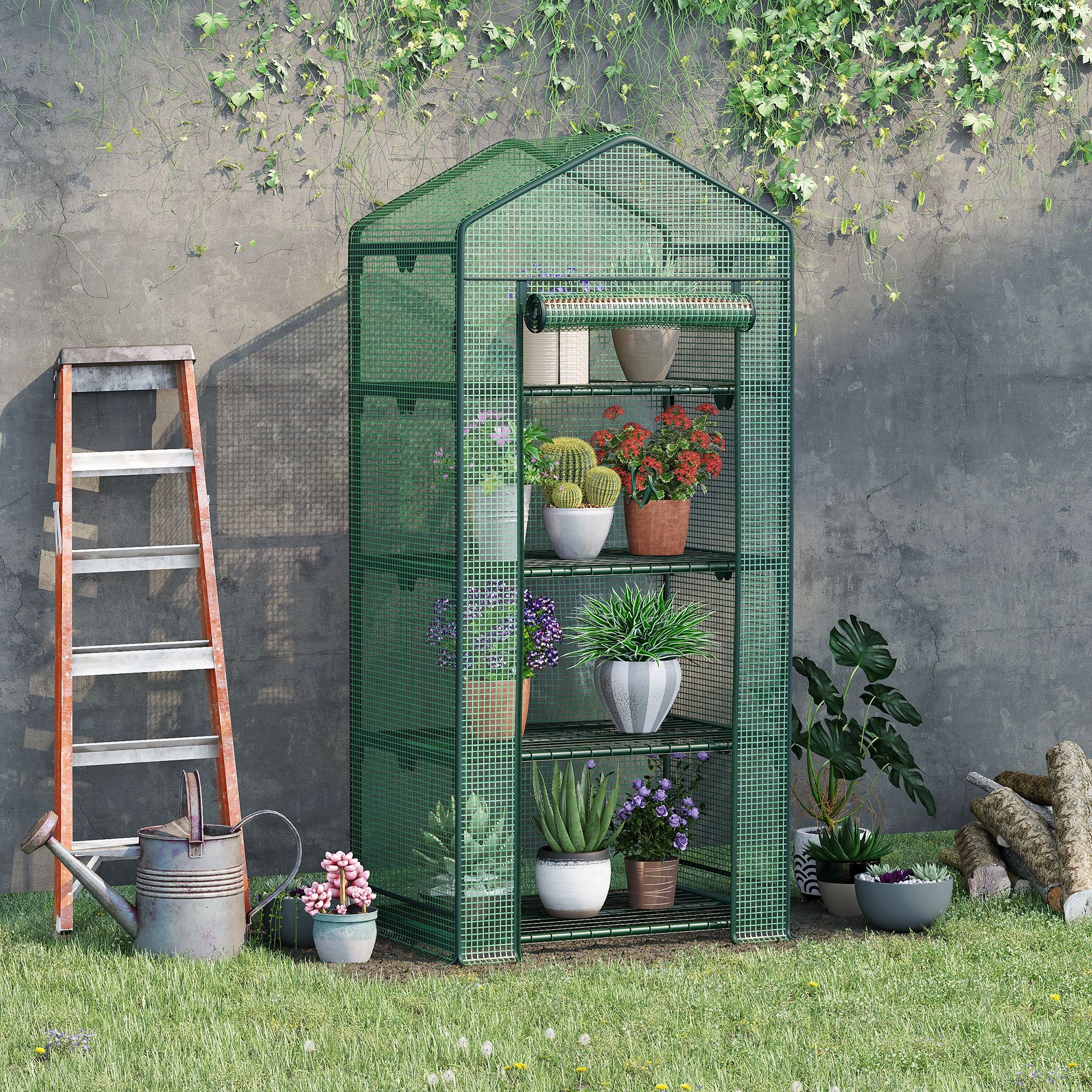 Estufa de jardim Outsunny com 4 prateleiras de arame e porta de enrolar, ideal para plantas em vasos, flores e jardins externos, 69x49x158 cm, verde.
