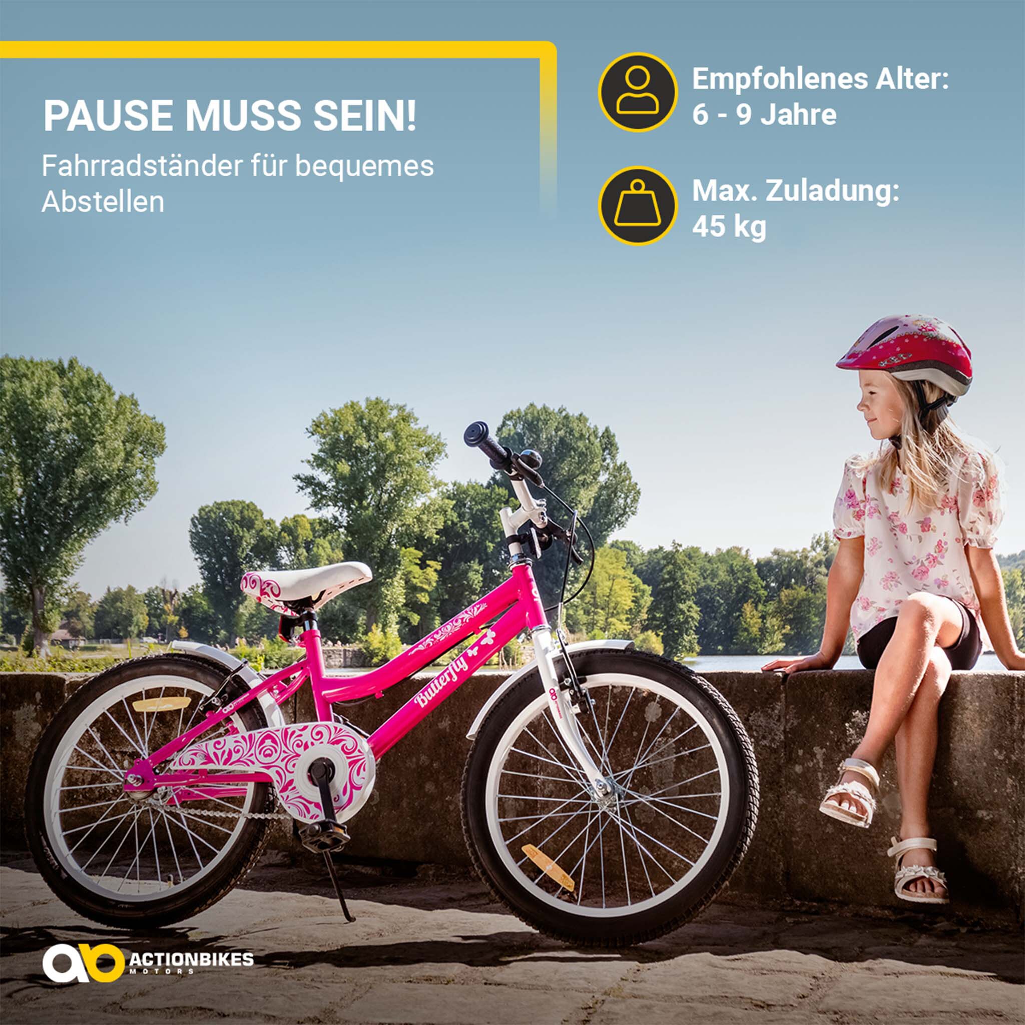 Actionbikes Kinderfahrrad Butterfly 20 Zoll, Pink, Fahrradständer, Kettenschutz, Antirutschgriffe (Weiß/Pink)