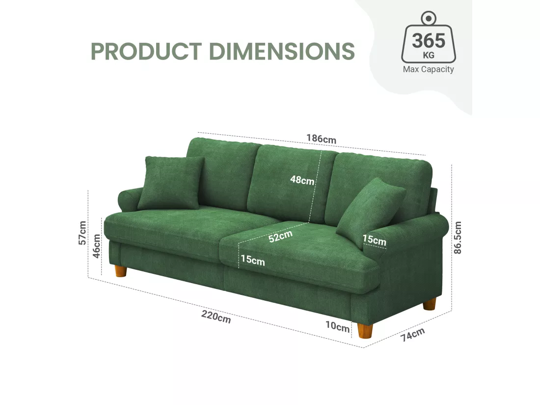 Canapé confort 3 places, Tissu en Chenille, avec accoudoirs,coussins et 2 oreillers, Charge max 365 kg - 220x76x86 cm