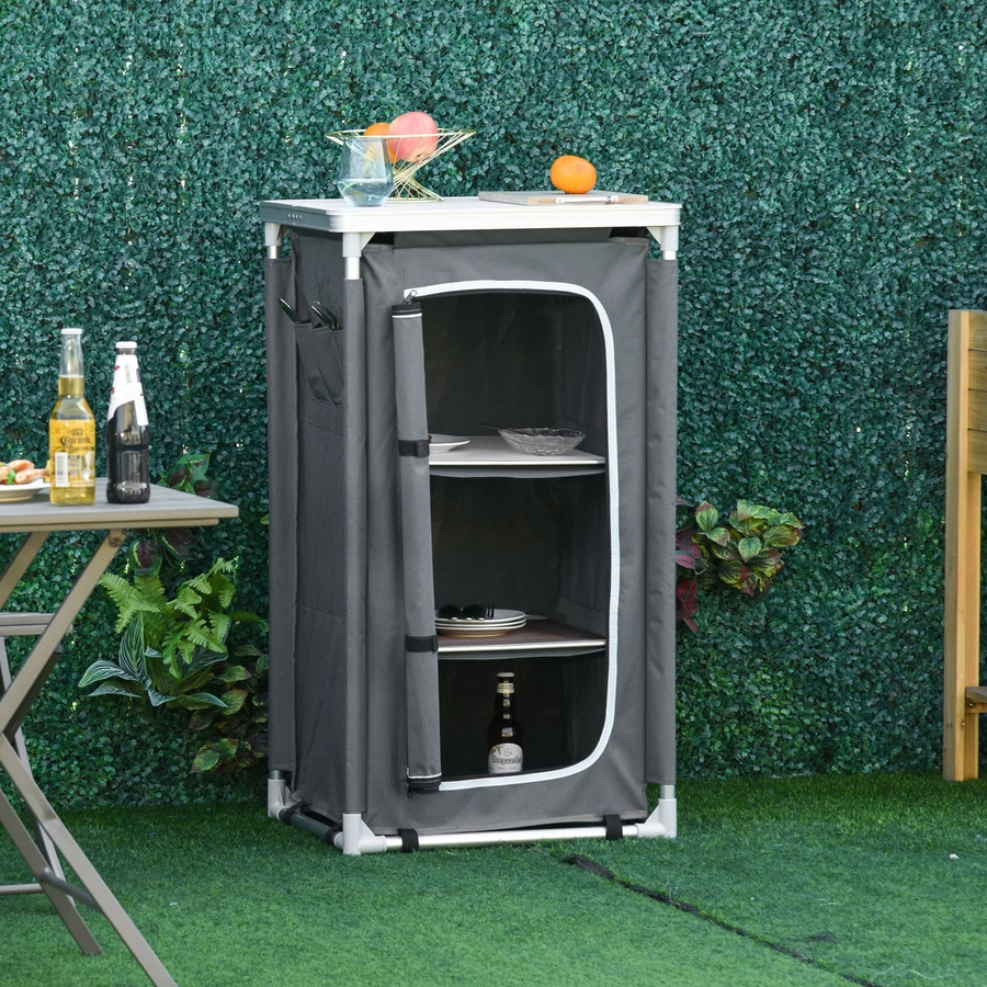 Outsunny 2in1Campingtisch mit Arbeitsplatte und Fächern grau