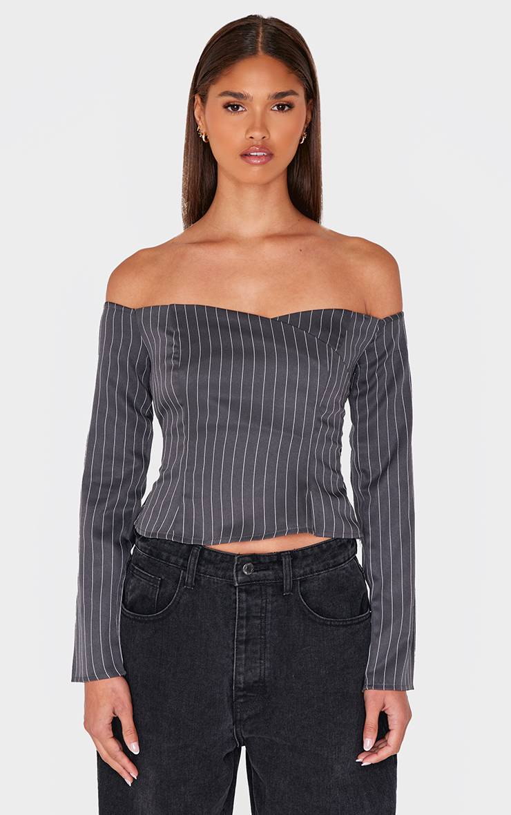 Charbon Chemise Bardot Ajustée À Fines Rayures