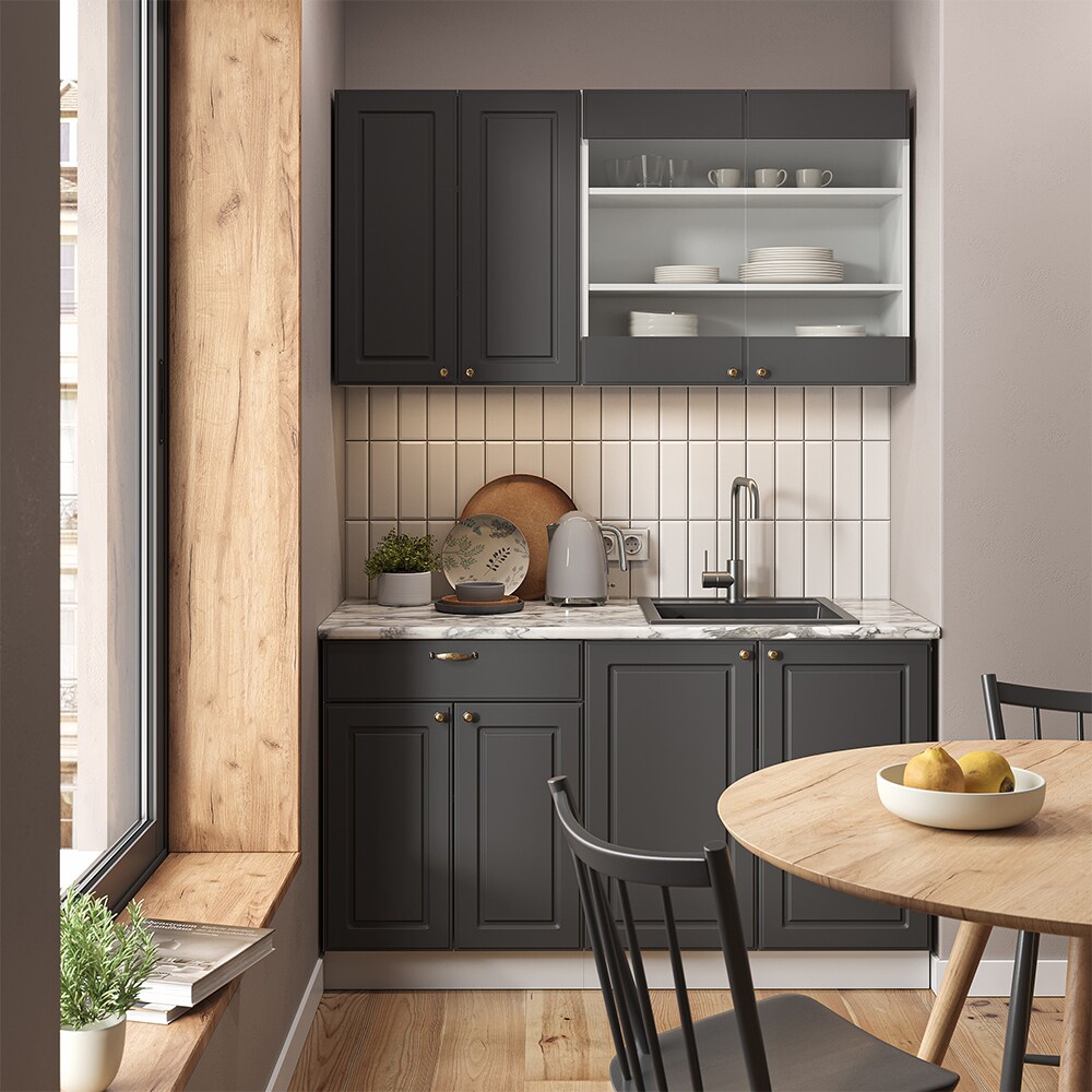 Vicco Küchenzeile Küchenblock Einbauküche Fame-Line Single Landhaus Weiß Anthrazit Gold 140 cm modern Küchen Schränke Spülenunterschrank Schubunterschrank Hängeschrank Hängeglasschrank