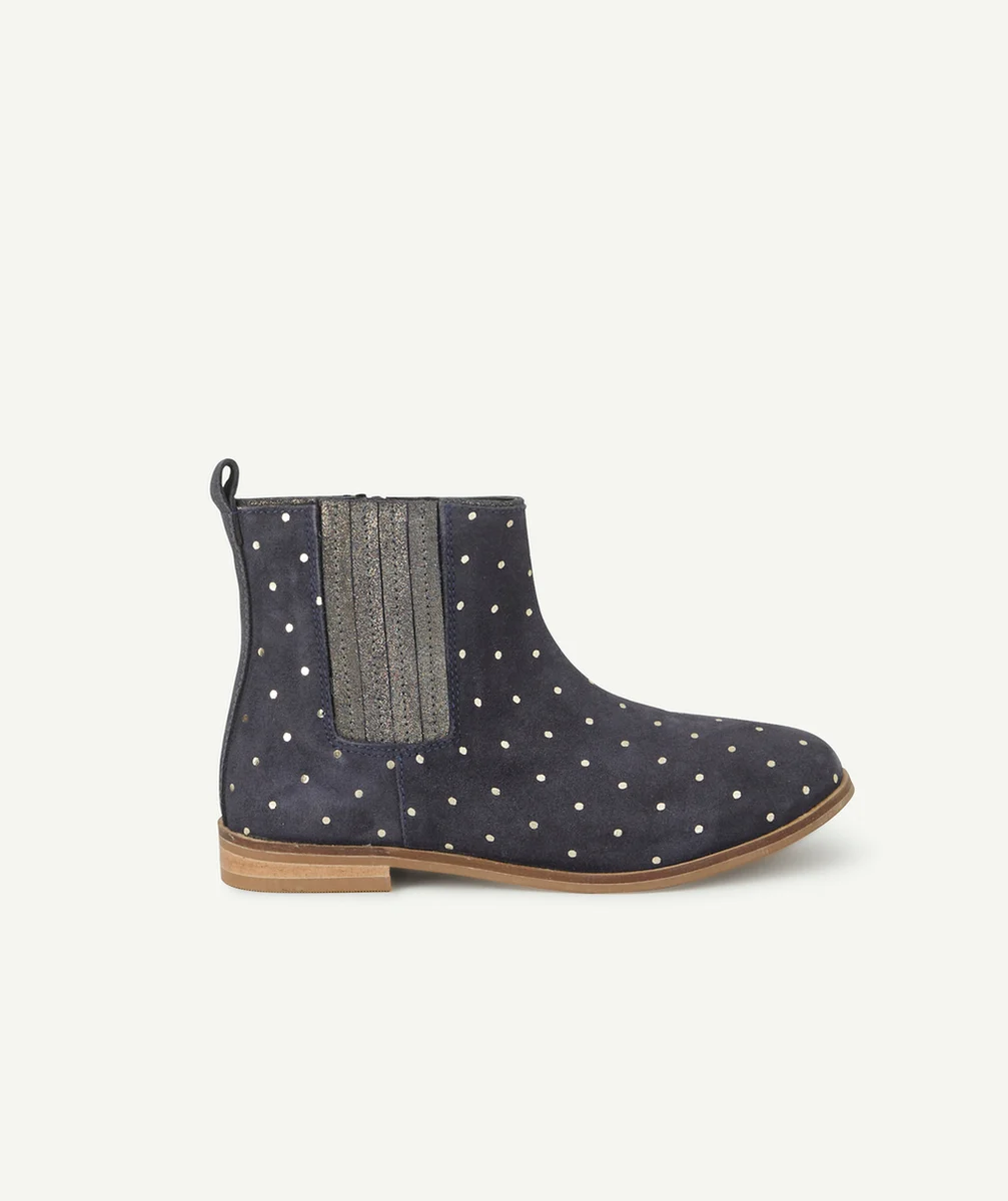 BOTTINES FILLE EN CUIR BLEU MARINE AVEC POIS COULEUR DORÉE