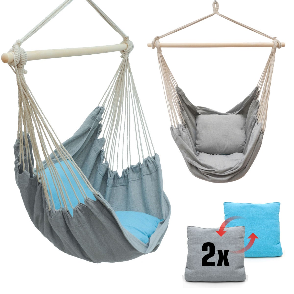 Hangstoel/relaxstoel 130x95cm in lilagrijs + 2 omkeerbare kussens