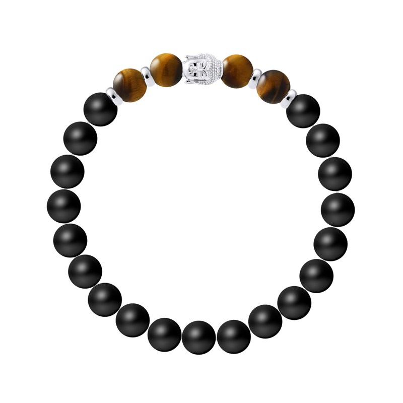 Bracelet BUDDAH Véritable OEil de Tigre - Agate Noire Matte en Argent 925