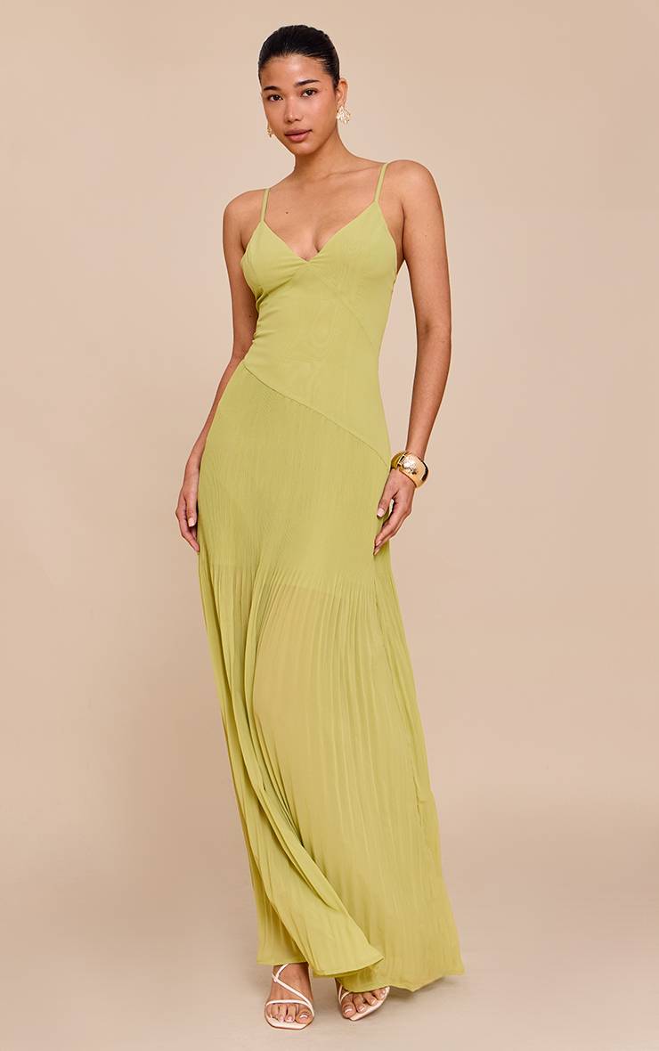Lime Green Robe Longue À Bretelles Spaghetti Avec Détail D'ourlet Plissé En Tissu Tissé