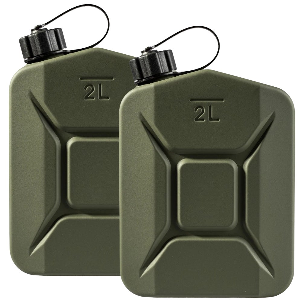 BW Proper metalen brandstoftanks, benzineblikken, 2 x 2 liter - Olijfgroen, Bronsgroen - RAL 6031-F9 - Gemaakt in Europa