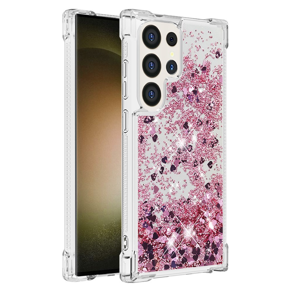 Samsung Galaxy S24 Ultra Hardcase Hülle mit Air Cushion Fallschutz Liquid Case Glitzer Herzen - Pink / Transparent