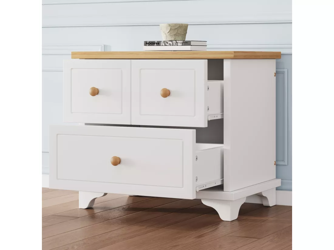 Table de chevet avec 2 tiroirs - 60 x 40 x 51.5 cm - pieds de belle facture - MDF+aggloméré - blanc+naturel