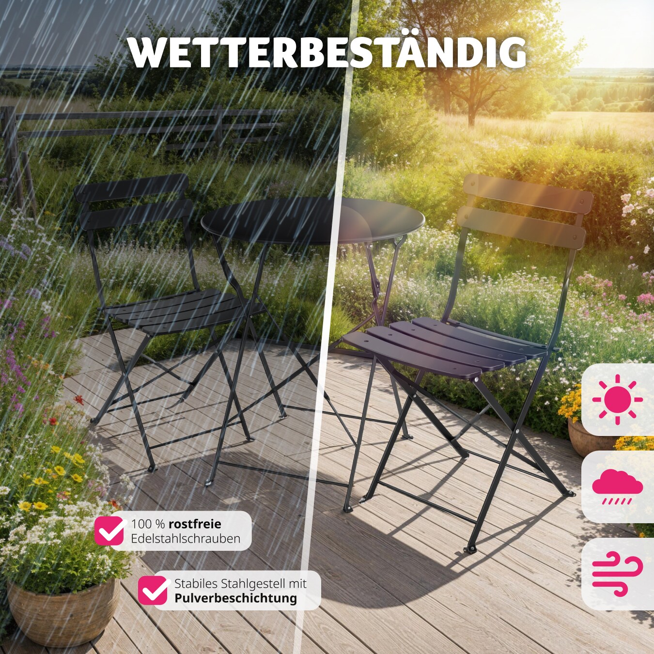 tectake® Bistrotisch Set, für 2 Personen, widerstandsfähig, Belastbarkeit Stuhl 120 kg