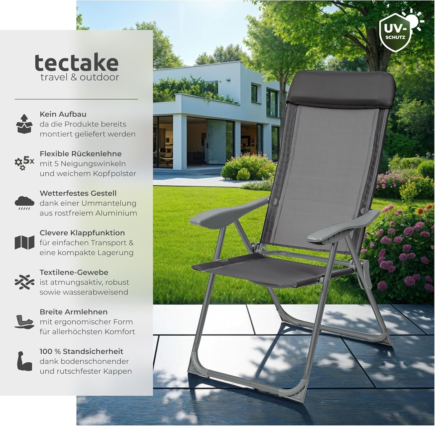 tectake® 4er Set Gartenstuhl Hochlehner, Gartenstühle, Essstühle Aluminium, Klappstuhl 5-Fach verstellbar mit Armlehnen, Sessel mit Liegefunktion, Gartenmöbel, Möbel für Terrasse, Camping - anthrazit