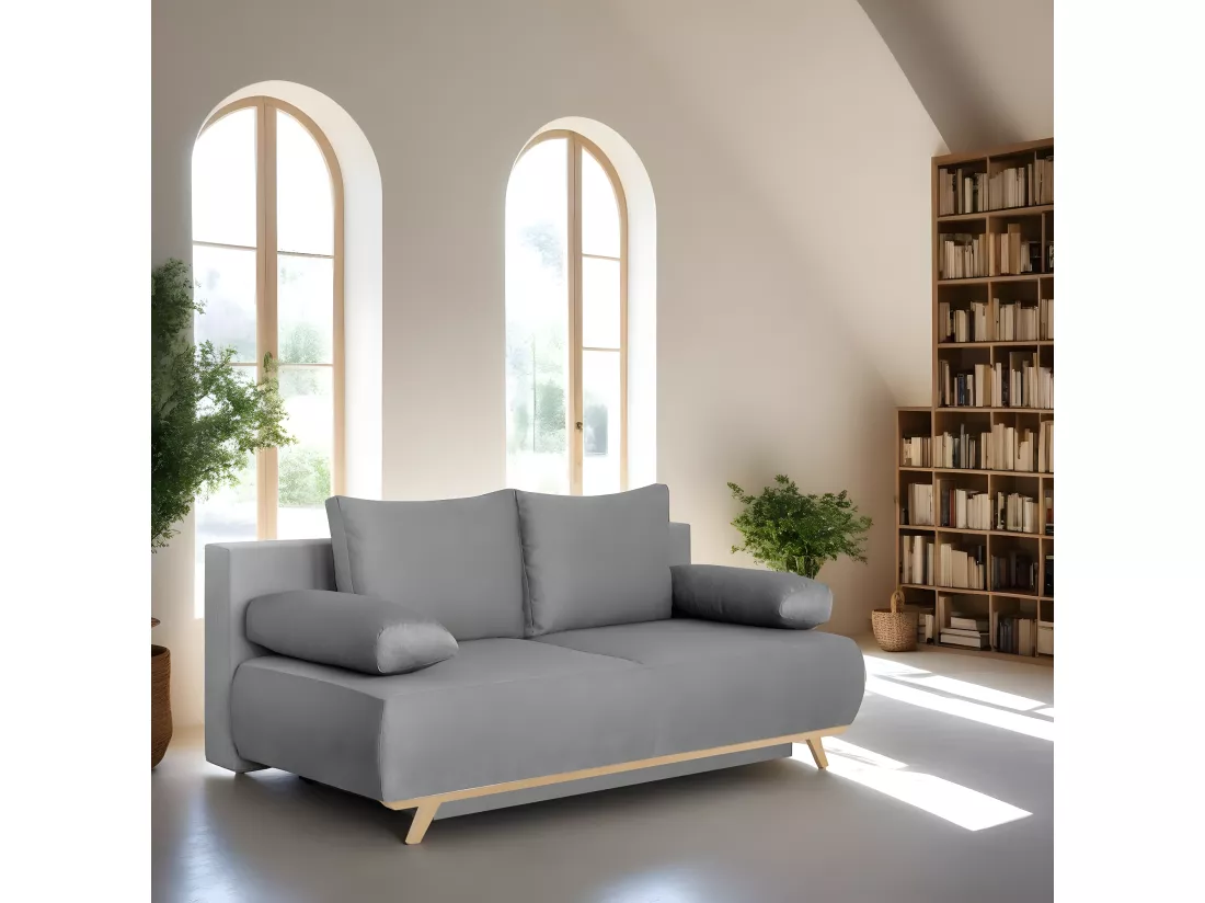 Canapé convertible 3 places avec coffre de rangement en tissu gris clair - Laria