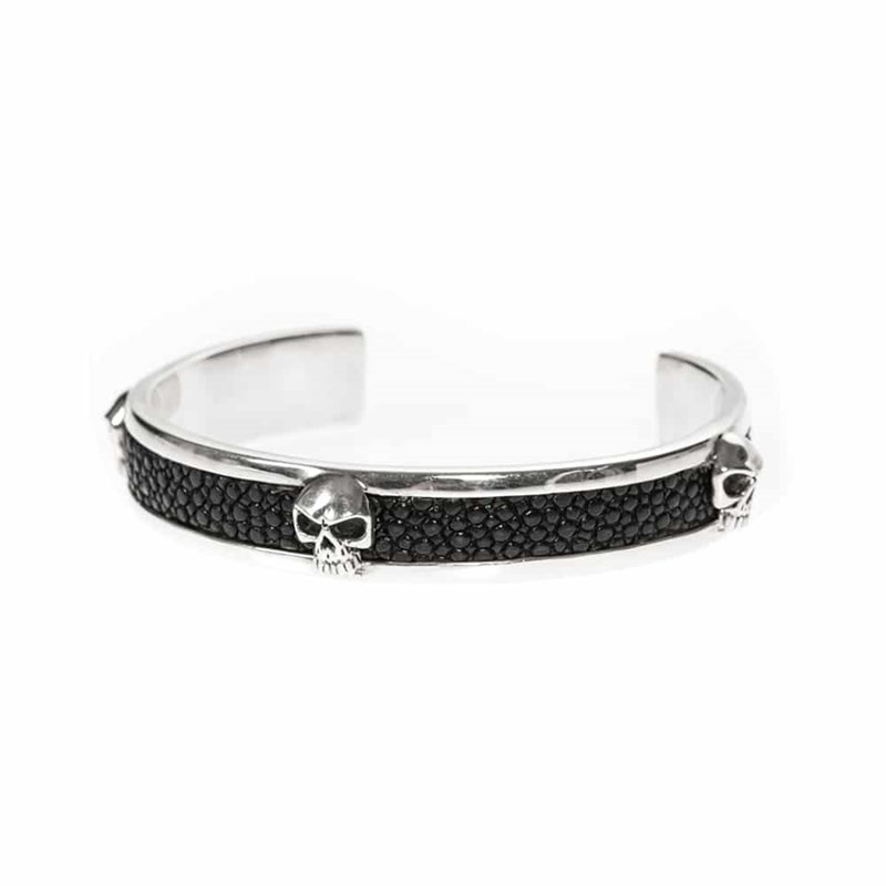 Bracelet Jonc Tête De Mort Argent Et Galuchat