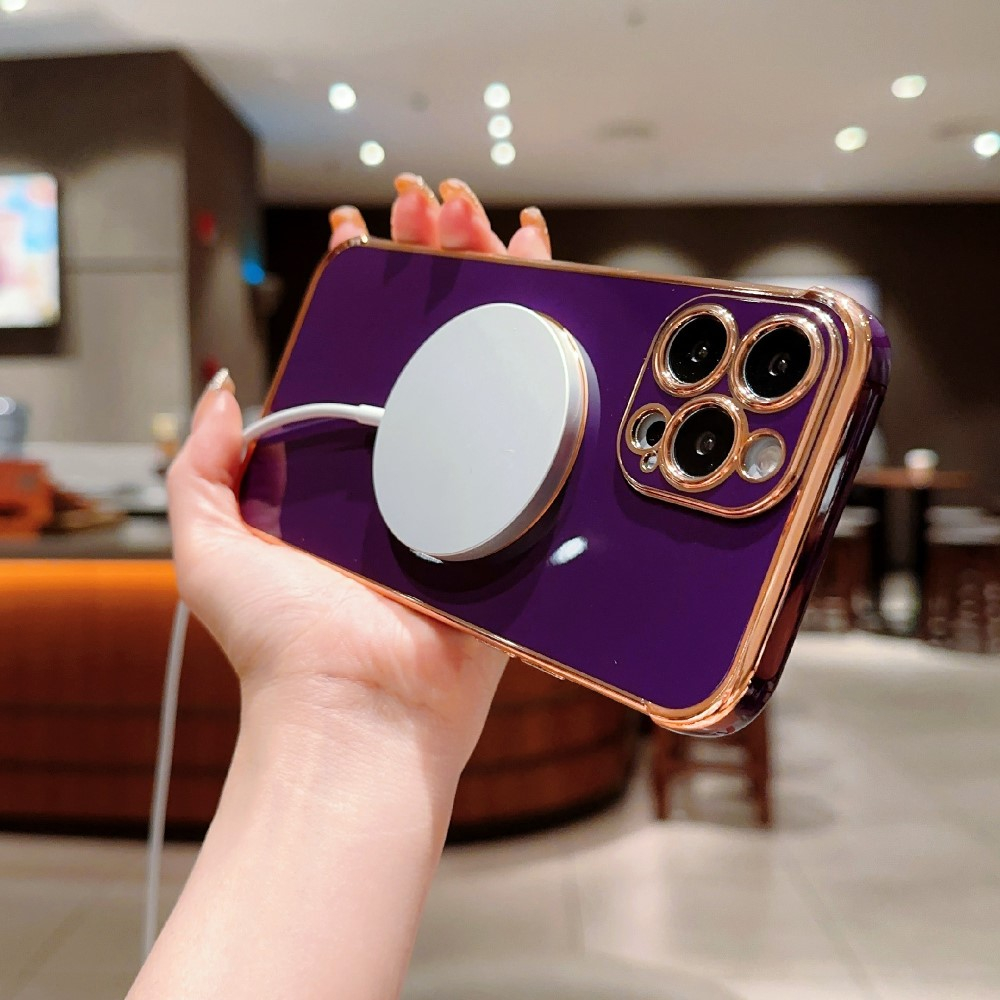 iPhone 16 Pro MagSafe Gummi Case Hülle Galvanisierter Rahmen   Kameraglasschutz - Violett / Gold