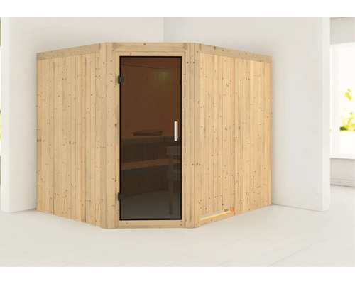 Karibu Malina modulaire sauna zonder oven en dakrand, met grafietkleurige volledig glazen deur