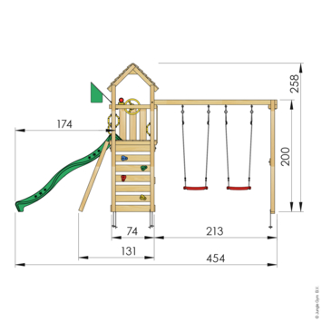 Speeltoestel Jungle Gym Safari grenen geïmpregneerd met glijbaan donker groen en 2-schommel module