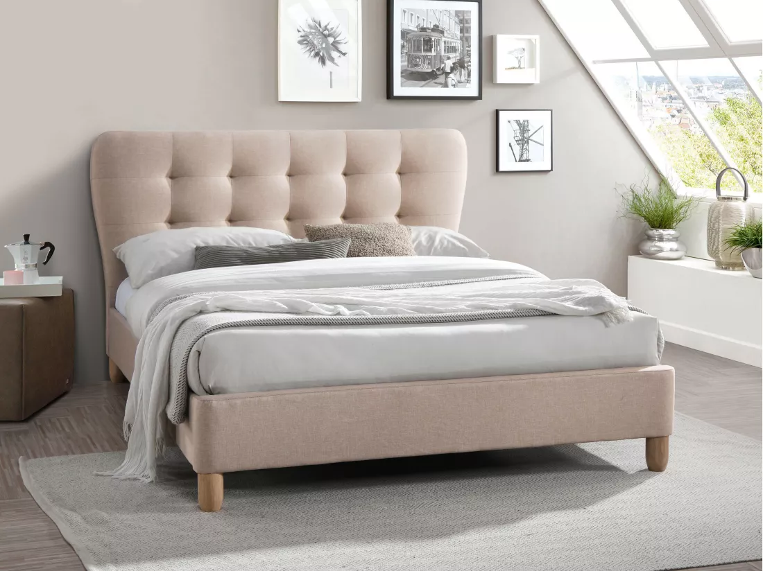 Lit 160 x 200 cm avec tête de lit capitonnée - Tissu - Beige - ELIDE