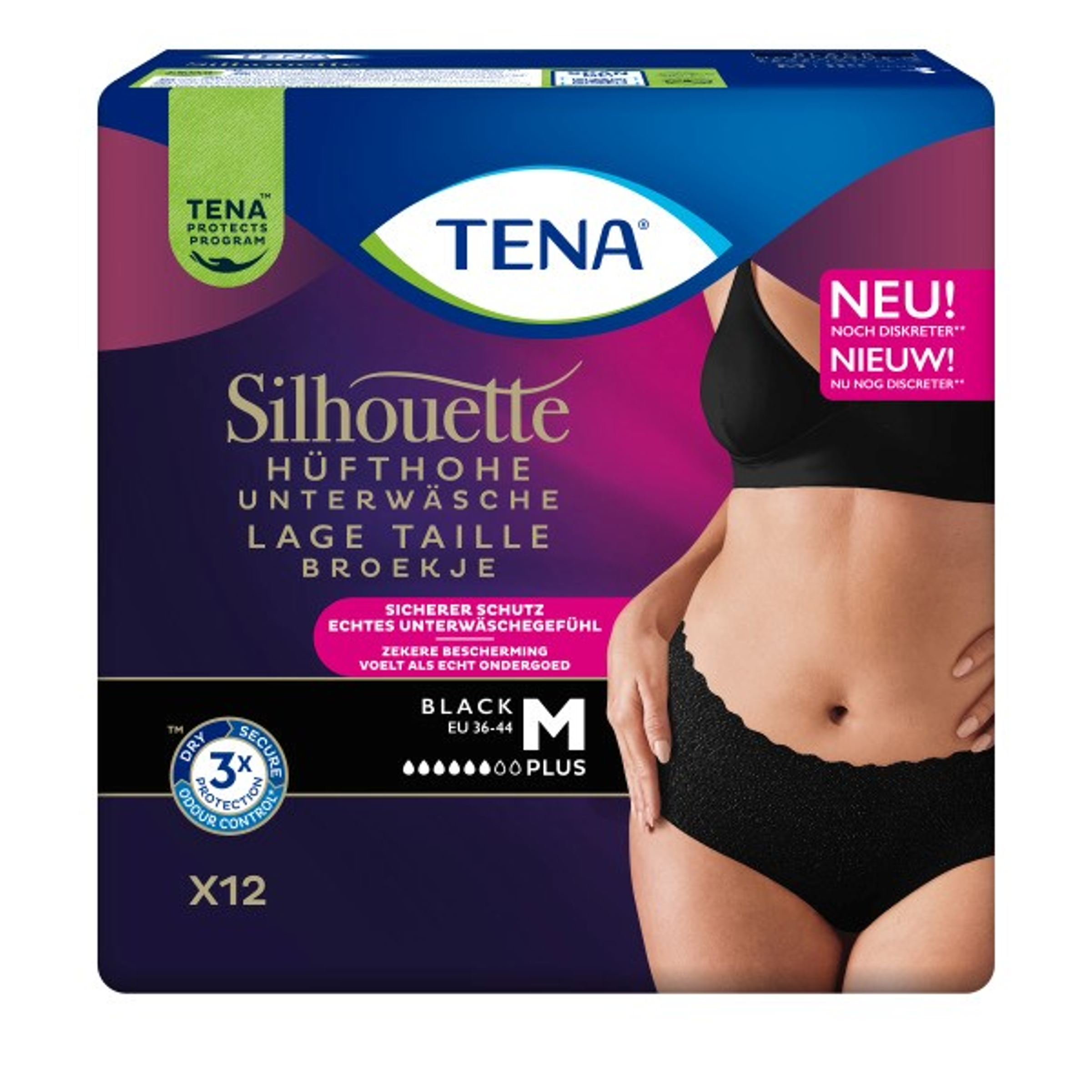Tena Silhouette Plus Noir – Lage Taille M (12 stuks)