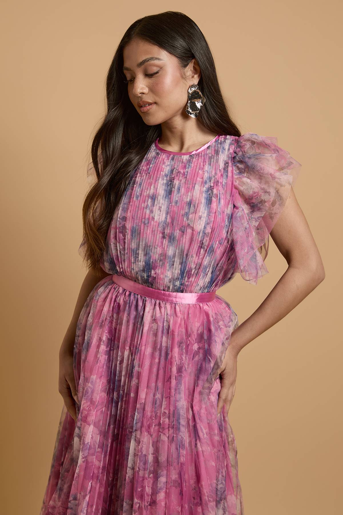 Oasis Robe Midi Plissée En Mesh Imprimé Petite Avec Manches Volantées