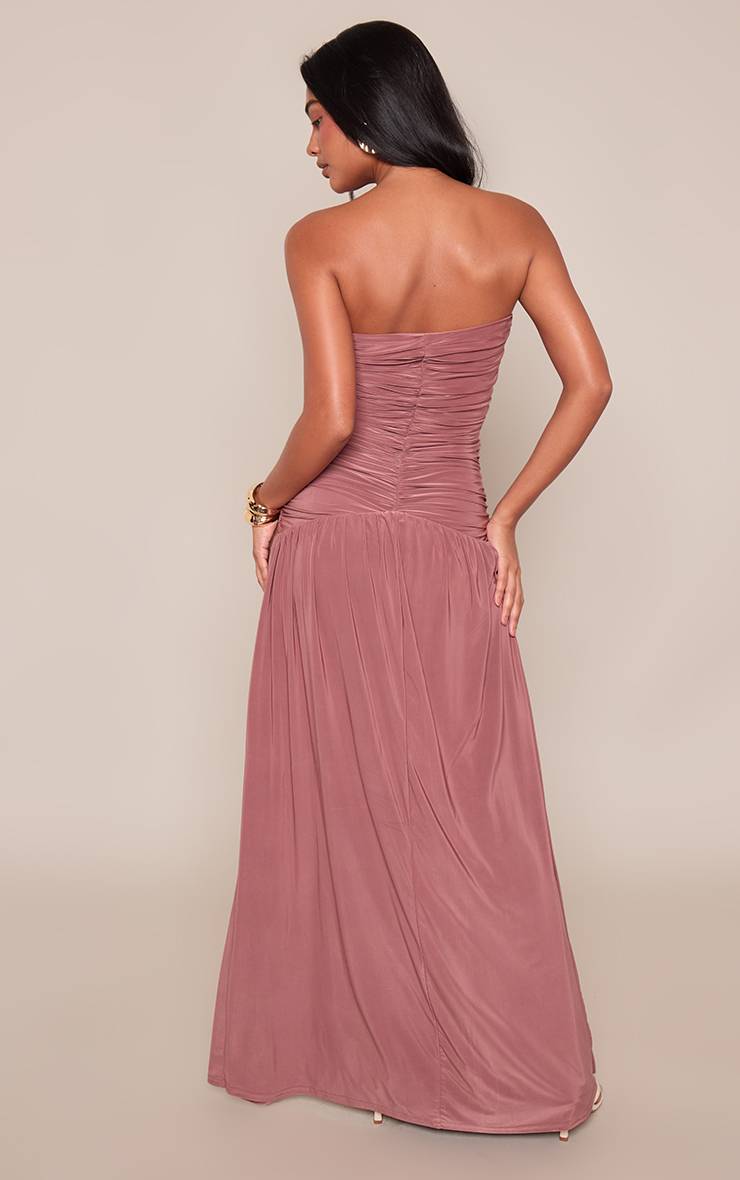 Mauve Robe Maxi Bandeau Plongeant Froncée En Jersey Slinky Double Épaisseur