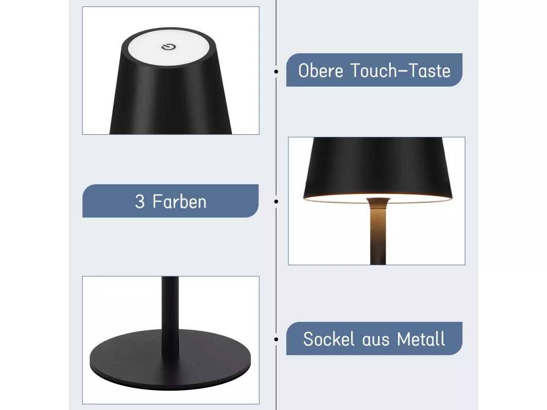 Nettlife Lampe de chevet sans fil, LED 2600mAh, lampe de table extérieur rechargeable, tactile, noire, avec USB