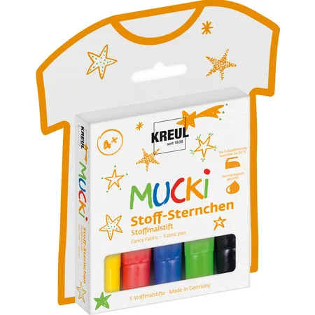 MUCKI Stoff Sternchen, Stoffmalstifte für Kinder, 5 Stifte