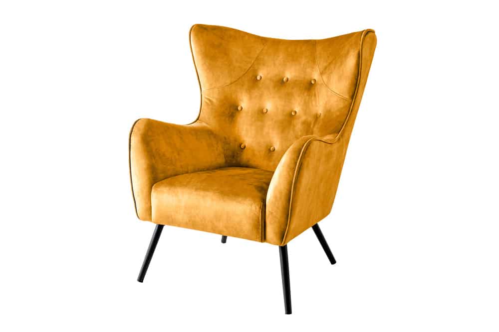 Design XL Sessel AMSTERDAM senfgelb Samt schwarze Metallbeine Retro Stil