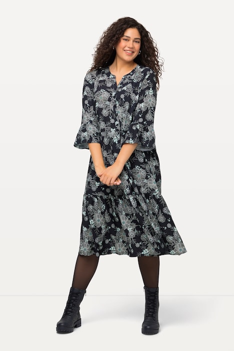 Midikleid, Volants, A-Linie, Tunika-Ausschnitt, 3/4-Arm