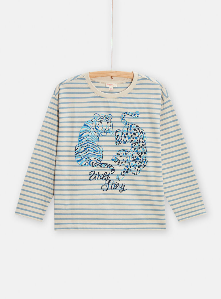 T-shirt bleu rayé animation tigre pour garçon