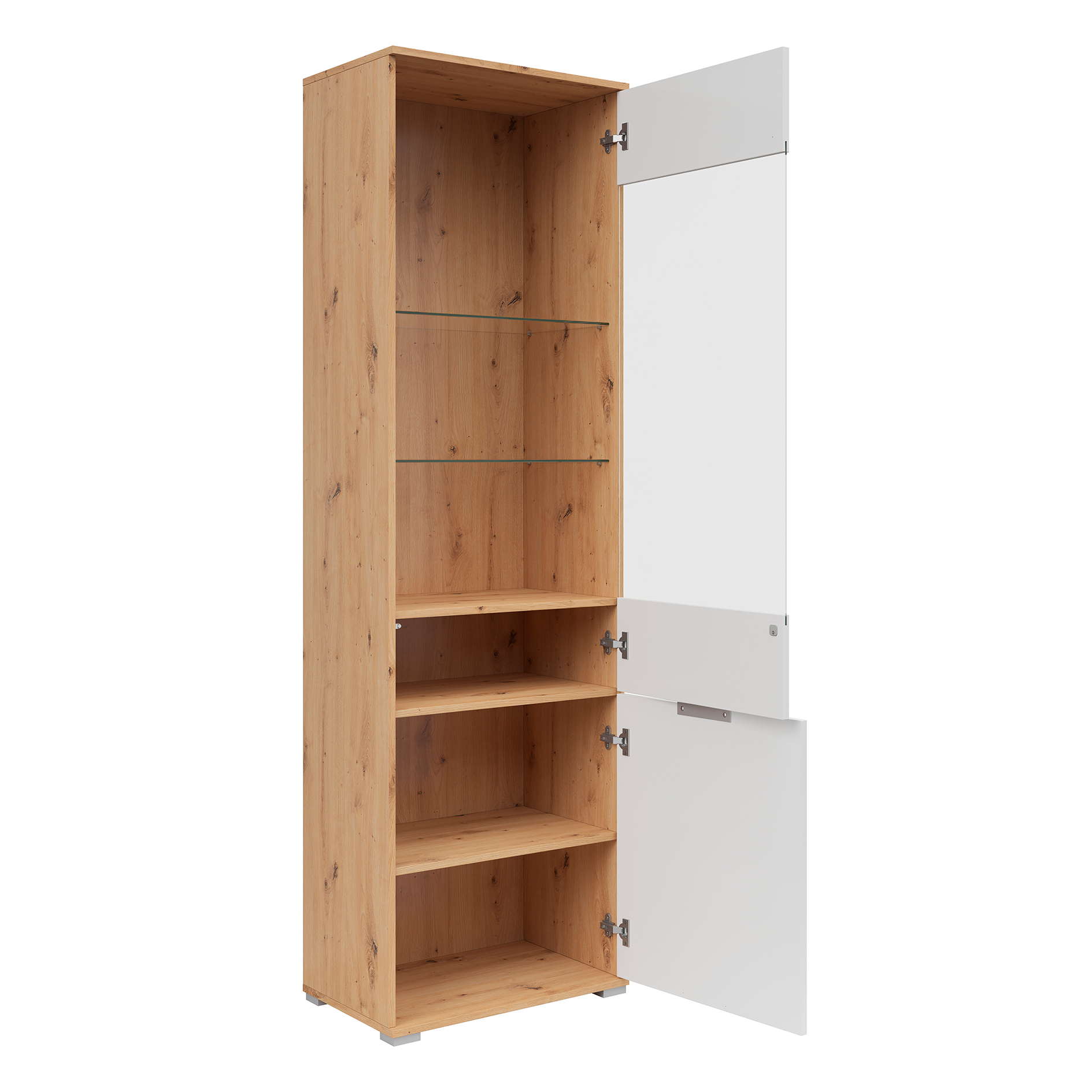Standvitrine - weiß Glanz - Artisan Eiche - 195 cm hoch