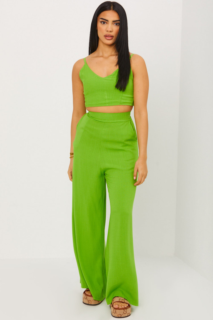 Ensemble effet lin 2 pièces crop top + pantalon vert clair