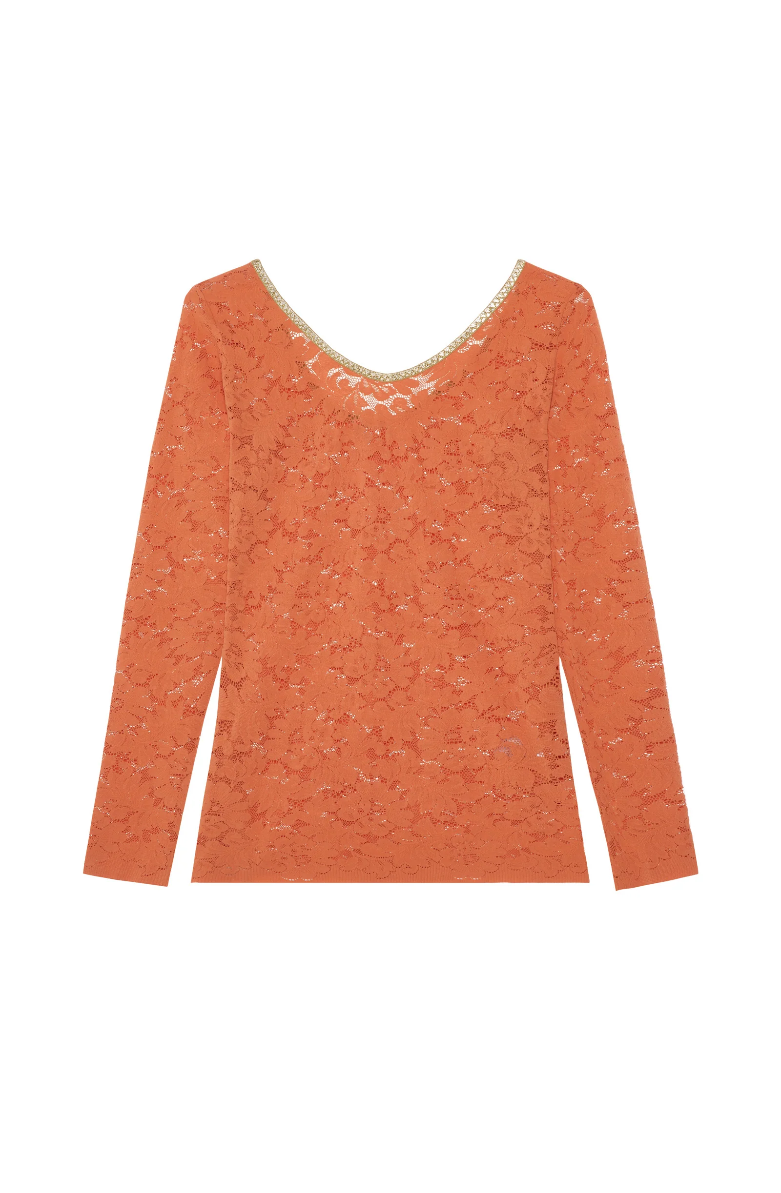 aria Top orange paprika manches longues en dentelle et lurex Paprika