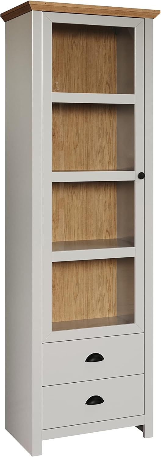 trendteam smart living - Landside - Vitrine - Hellgrau/Eiche - Standvitrine im Landhausstil - (BxHxT) 65 x 201 x 41 - elegante Knopf- und Muschelgriffe - 4 Fächer und 2 Schubladen - kratzfest