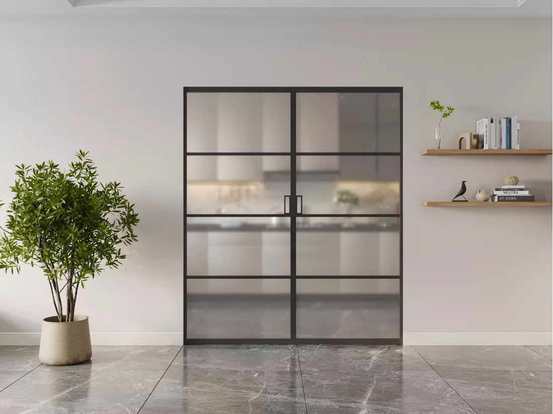 Porte coulissante double avec système à galandage - aluminium et verre trempé dépoli - 2 x H205 x L93 cm - SINCA II