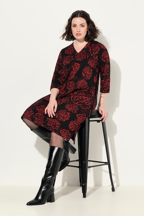 Jacquard-Jerseykleid, V-Ausschnitt, 3/4-Arm, Taschen