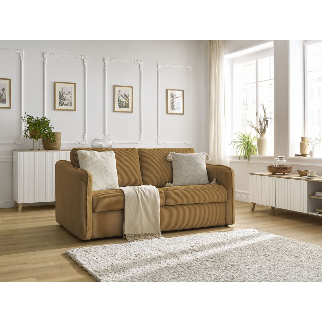 Bobochic Canapé droit convertible express en Velours côtelé 3 places Lenny jaune - 178x102x89 cm