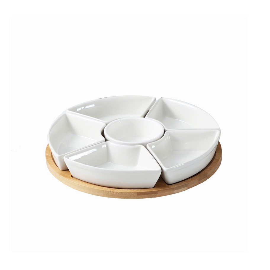 (7-tlg. Set) Ø29cm Keramik Servier Schalen Apéro Drehteller Snack Schälchen inkl. Holz Serviertablett für Tapas / Bowls / Dessert